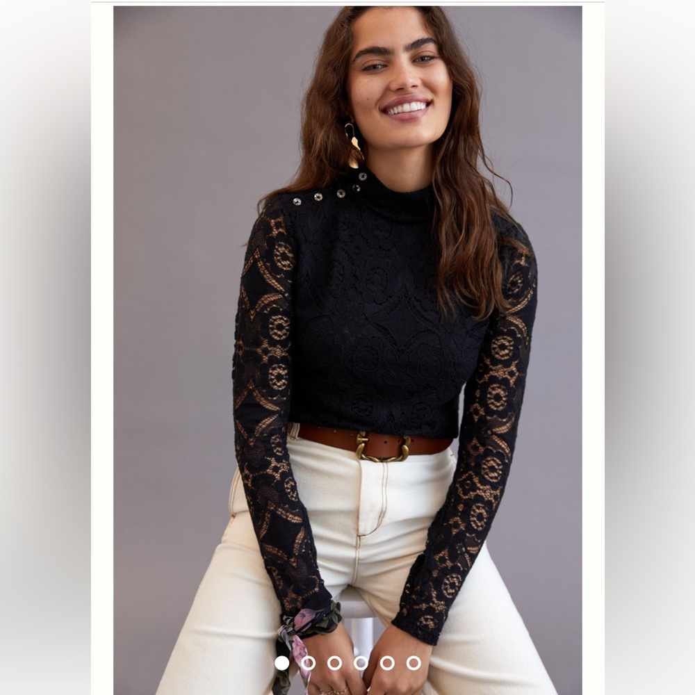 Anthropologie Black Lace Long-Sleeve Mock Neck Top